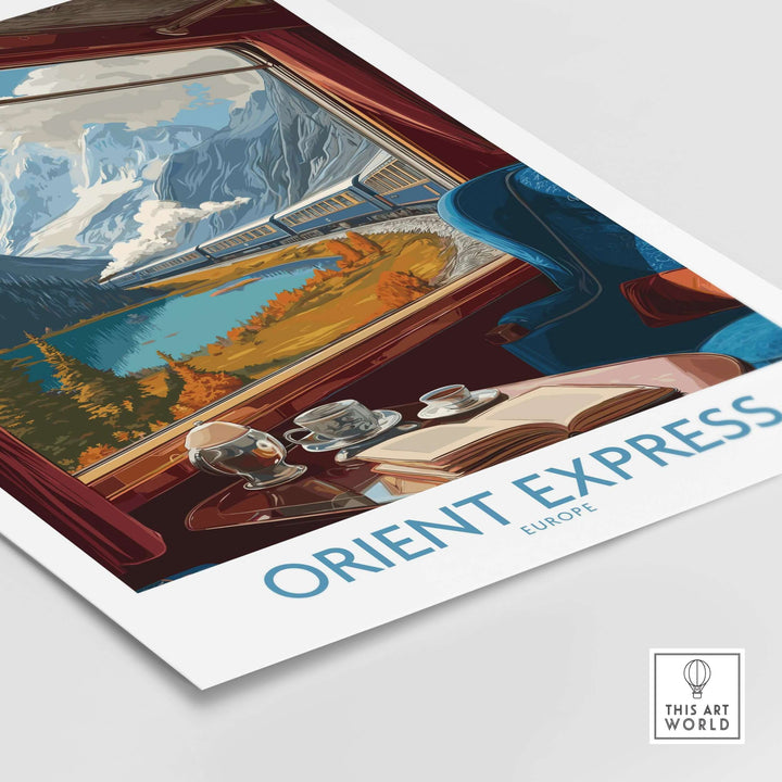 Orient Express Art Print | Alpine Lake Poster featuring a picturesque view from a train window.