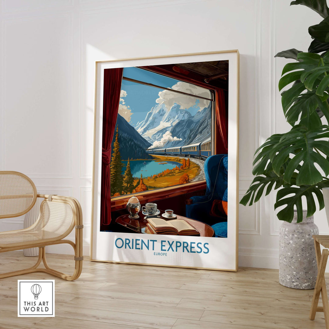 Orient Express Art Print | Alpine Lake Poster showcasing a picturesque train view by a serene alpine lake.