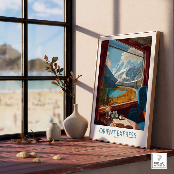 Orient Express Art Print | Alpine Lake Poster featuring a scenic view from a train window with mountains and a lake.
