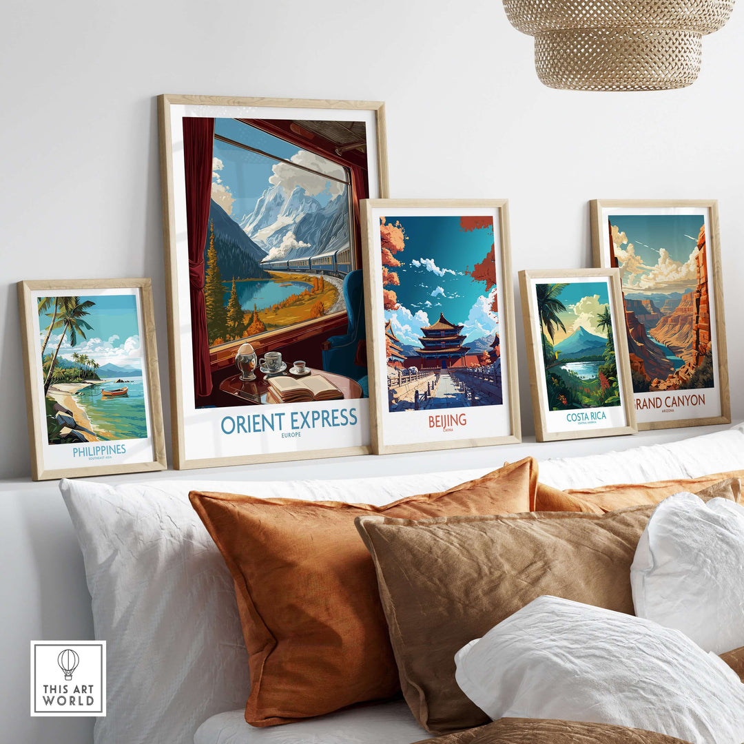 Orient Express Art Print | Alpine Lake Poster displayed among travel-themed artwork, showcasing vintage travel vibes.
