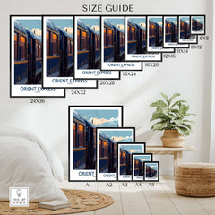 Orient Express Art Print | Vintage Train Travel Poster size guide showing various dimensions of the artwork.
