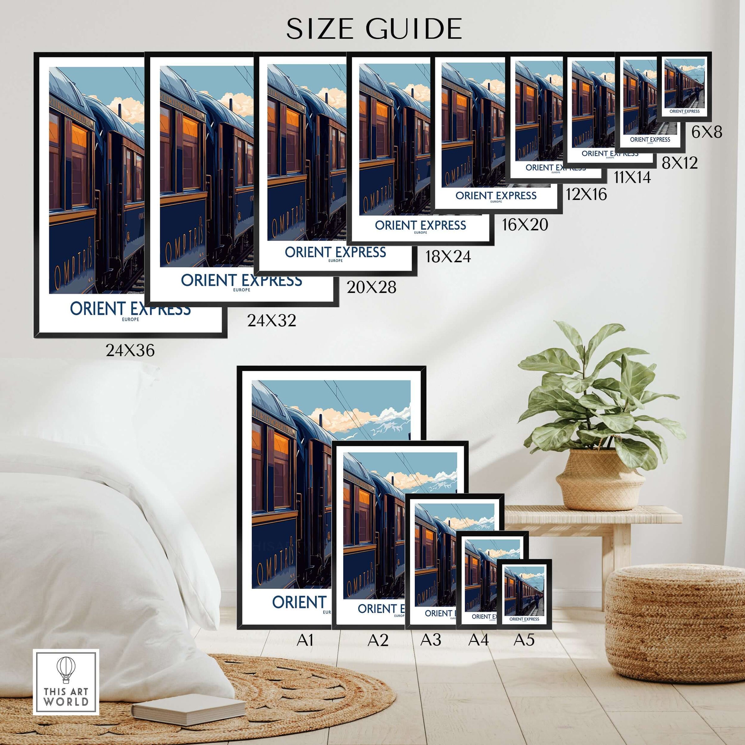 Orient Express Art Print | Vintage Train Travel Poster size guide showing various dimensions of the artwork.