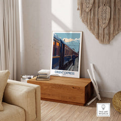 Orient Express Art Print | Vintage Train Travel Poster displayed in a stylish living room, highlighting classic luxury travel.