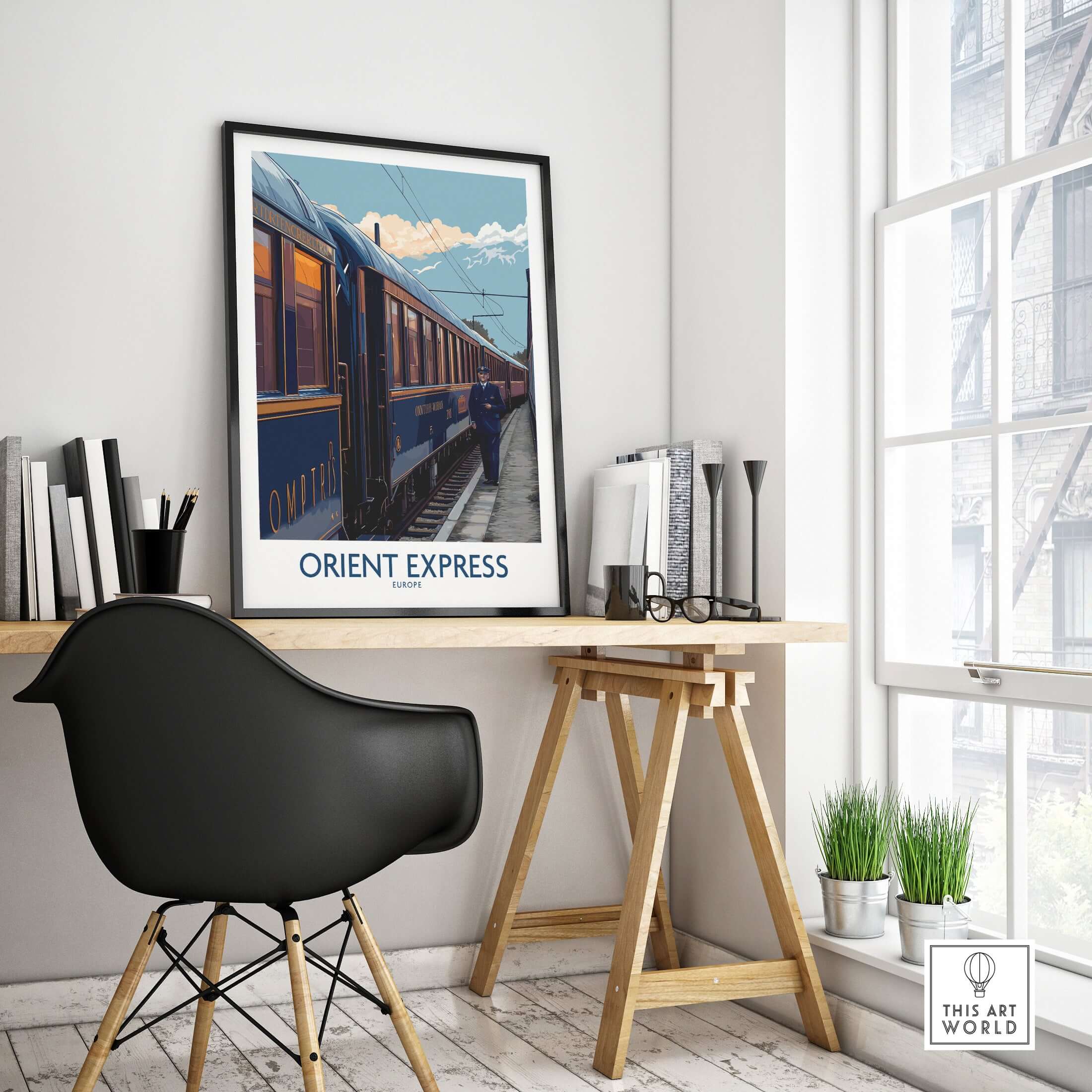 Orient Express Art Print | Vintage Train Travel Poster displayed in a stylish workspace setting.