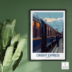 Orient Express Art Print | Vintage Train Travel Poster featuring a classic train and a conductor in Europe.
