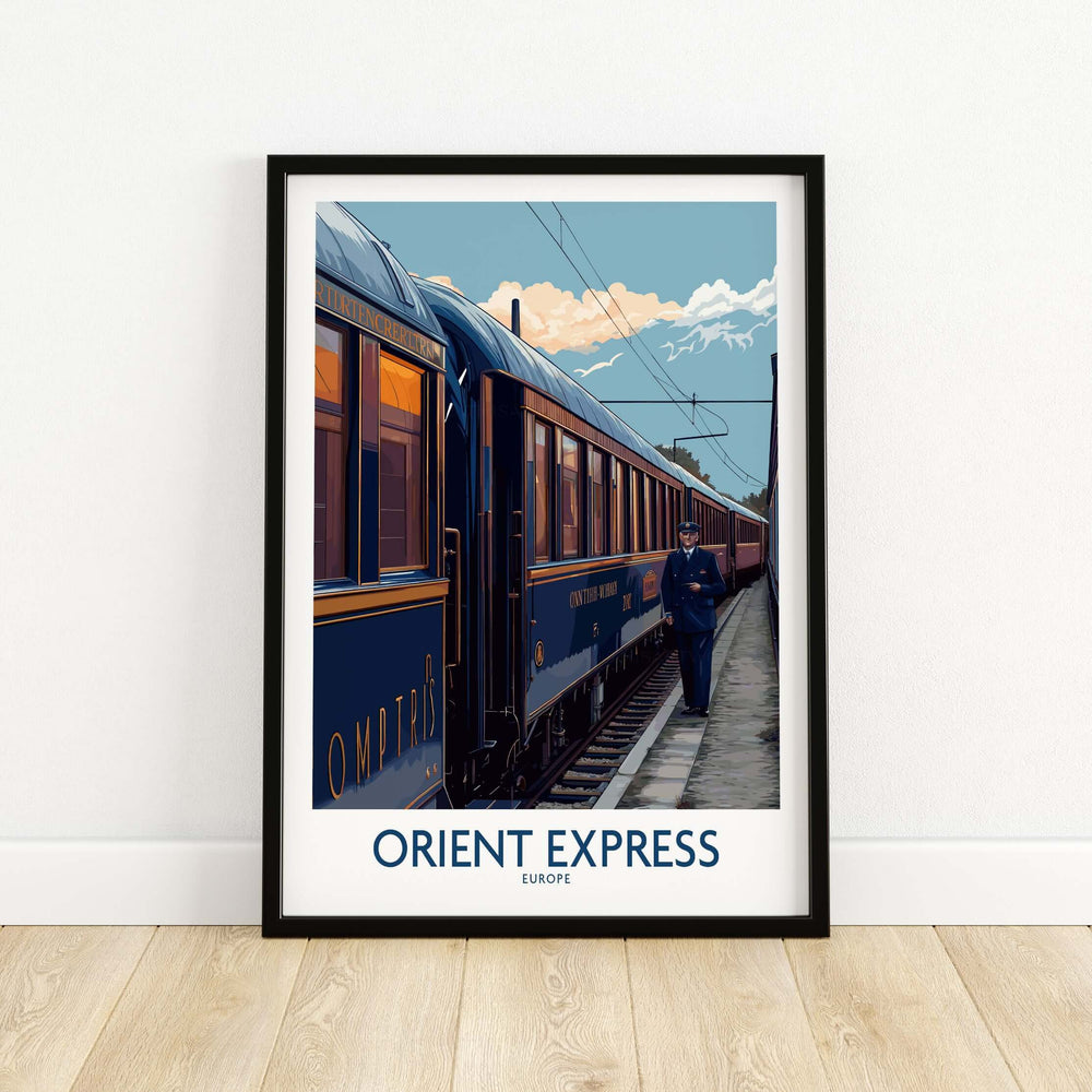 Orient Express Art Print | Vintage Train Travel Poster featuring a classic train and conductor in a vintage travel setting.