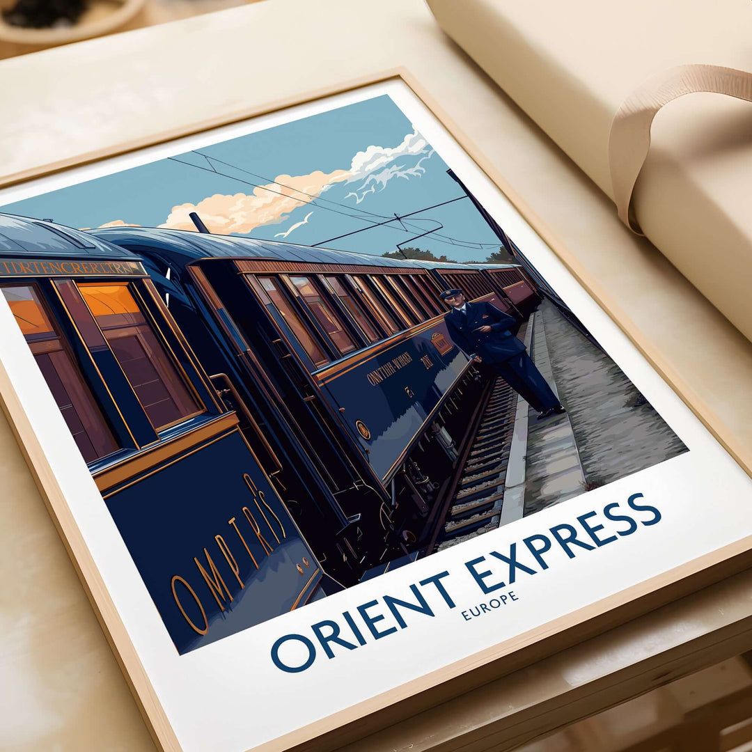 Orient Express Art Print | Vintage Train Travel Poster featuring a vintage train and conductor illustration.
