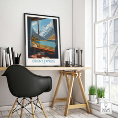Orient Express Poster Window Art Print | Glacier Mountain View Poster on a stylish desk with modern decor.