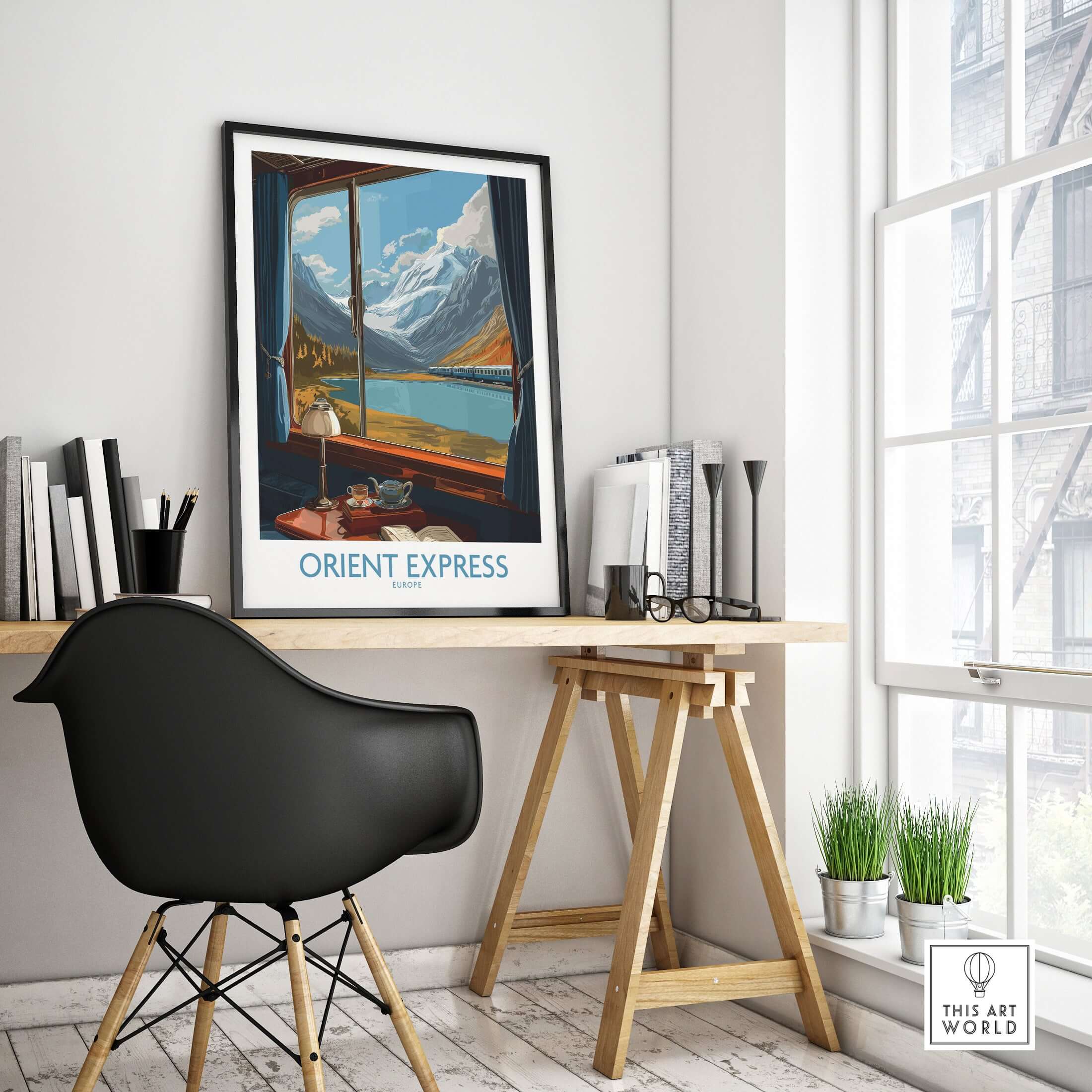 Orient Express Poster Window Art Print | Glacier Mountain View Poster on a stylish desk with modern decor.