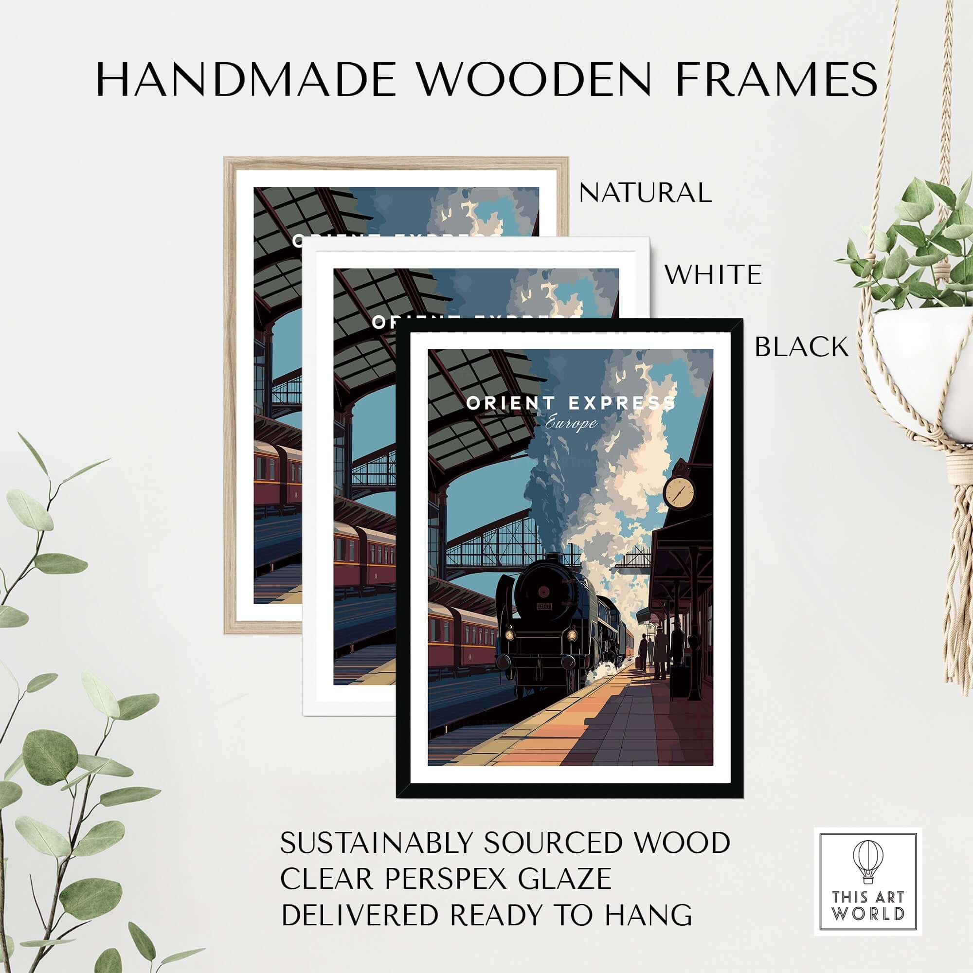 Orient Express Poster Vintage Rail Departure View Print | Luxury Travel Wall Art showcased in handmade wooden frames.