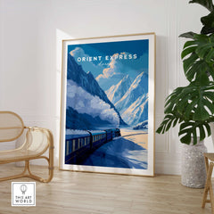 Orient Express Luxury Rail Mountain Scenery Print | Vintage Travel Wall Art in elegant frame with scenic mountains.