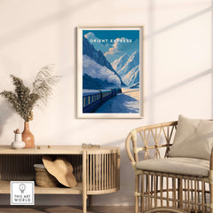 Orient Express Luxury Rail Mountain Scenery Print | Vintage Travel Wall Art displayed in a modern living room.