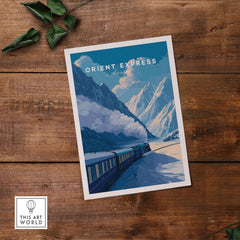 Orient Express Luxury Rail Mountain Scenery Print | Vintage Travel Wall Art featuring a train amidst snowy mountains.