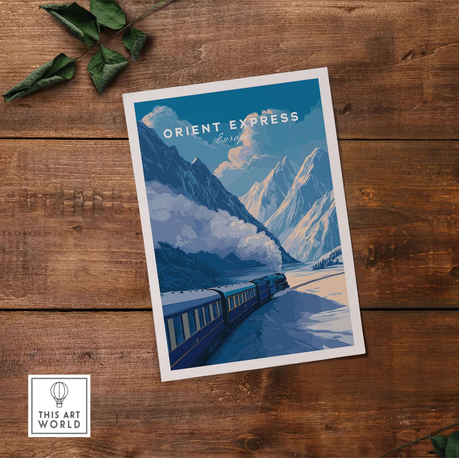 Orient Express Luxury Rail Mountain Scenery Print | Vintage Travel Wall Art featuring a train amidst snowy mountains.