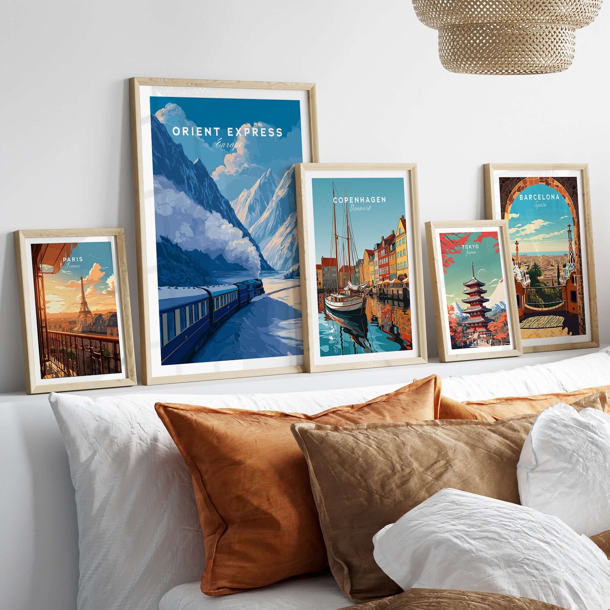 Orient Express Luxury Rail Mountain Scenery Print | Vintage Travel Wall Art showcased among other travel-themed prints.