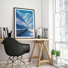 Orient Express Luxury Rail Mountain Scenery Print | Vintage Travel Wall Art displayed in a stylish office setting.