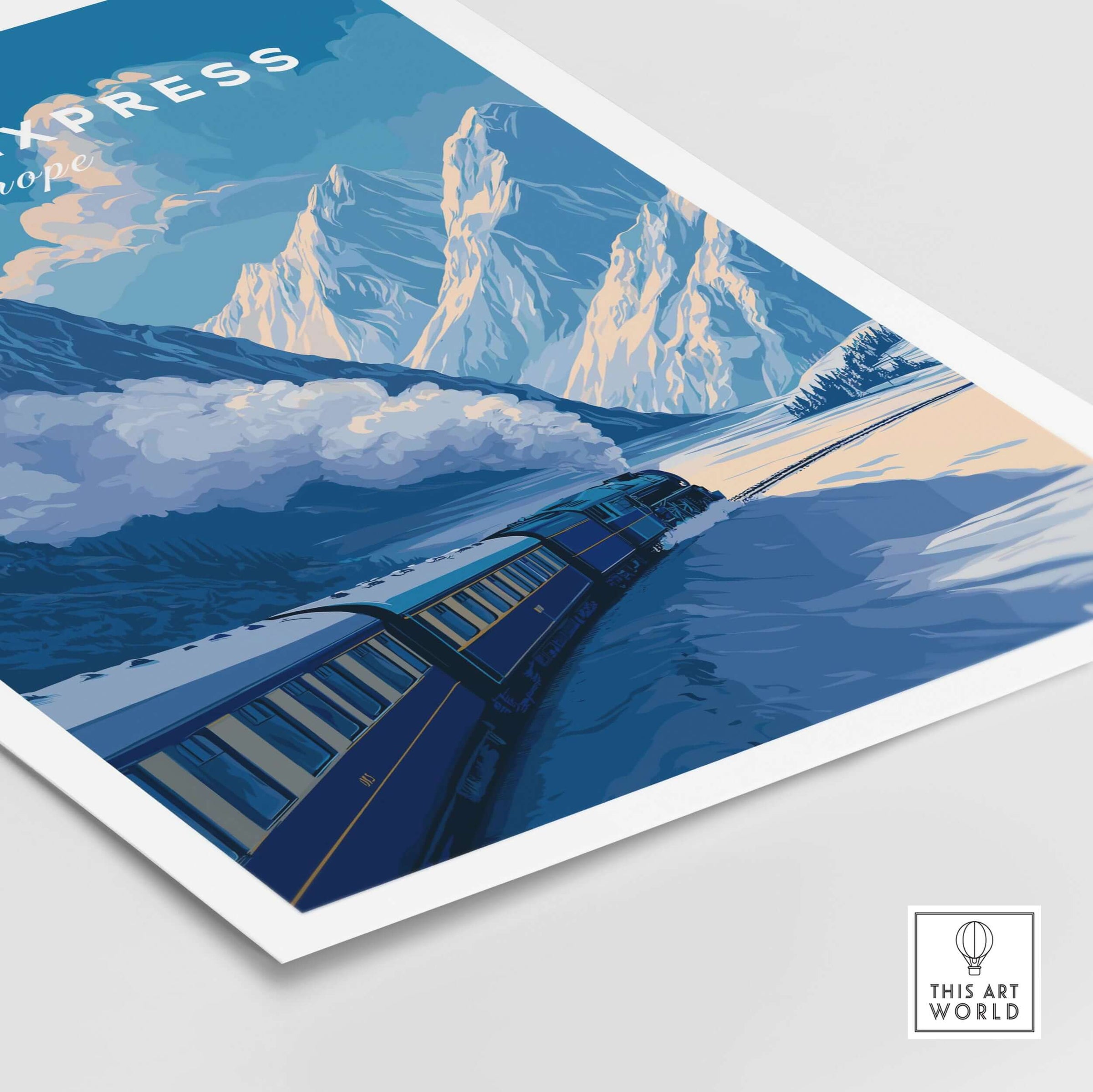 Orient Express Luxury Rail Mountain Scenery Print | Vintage Travel Wall Art showcasing a train in snowy mountain landscape.