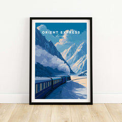 Orient Express Luxury Rail Mountain Scenery Print | Vintage Travel Wall Art showcasing a train in a stunning mountain landscape.
