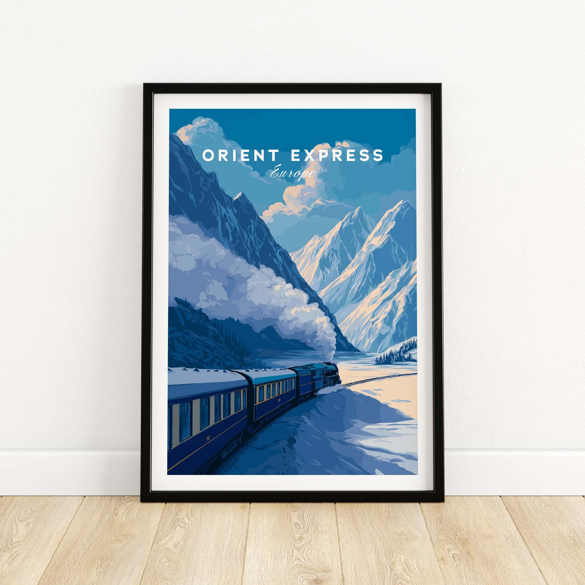 Orient Express Luxury Rail Mountain Scenery Print | Vintage Travel Wall Art showcasing a train in a stunning mountain landscape.