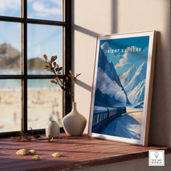 Orient Express Luxury Rail Mountain Scenery Print | Vintage Travel Wall Art displayed in a modern interior.