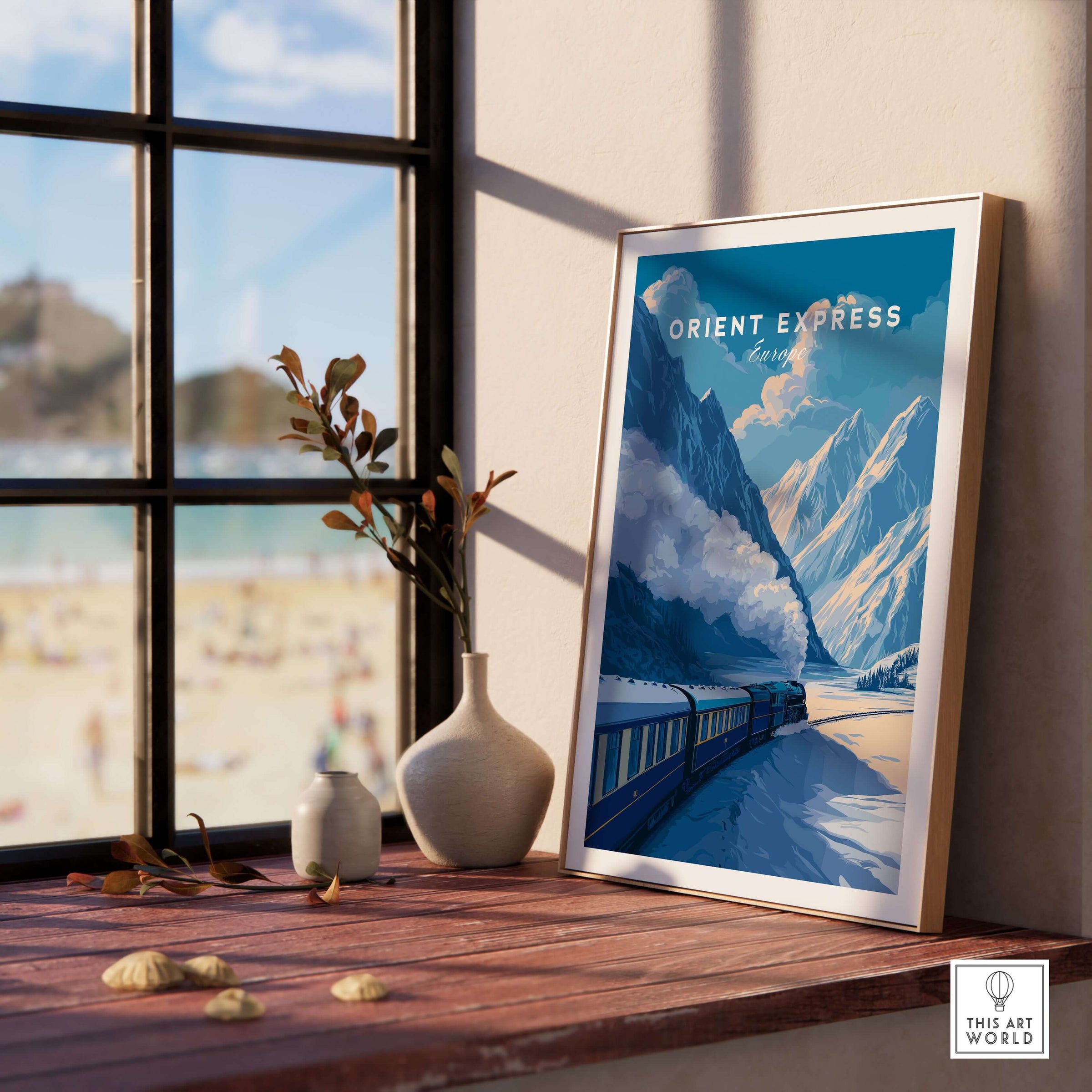 Orient Express Luxury Rail Mountain Scenery Print | Vintage Travel Wall Art displayed in a modern interior.
