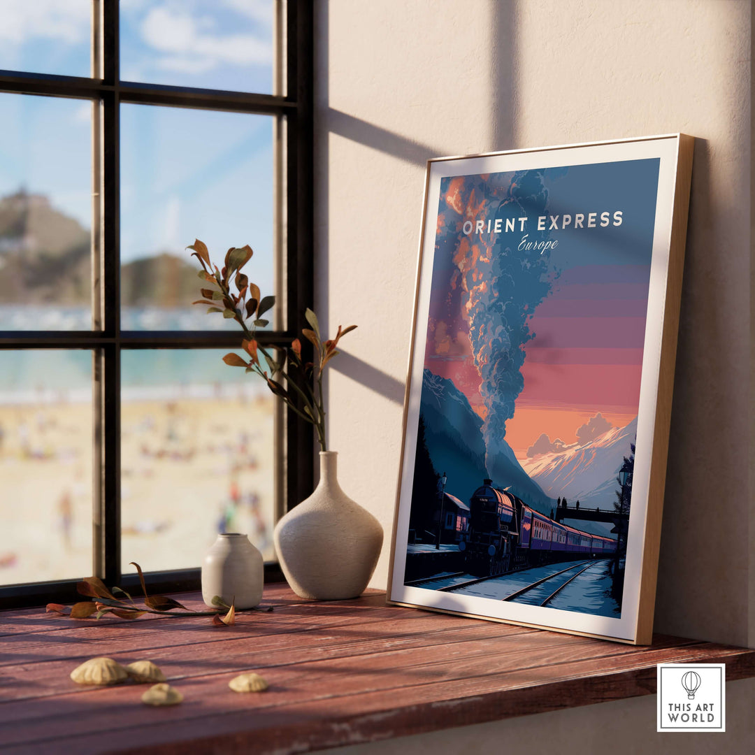 Orient Express Poster Luxury Rail Travel Poster displayed in a chic interior setting with a beach view.