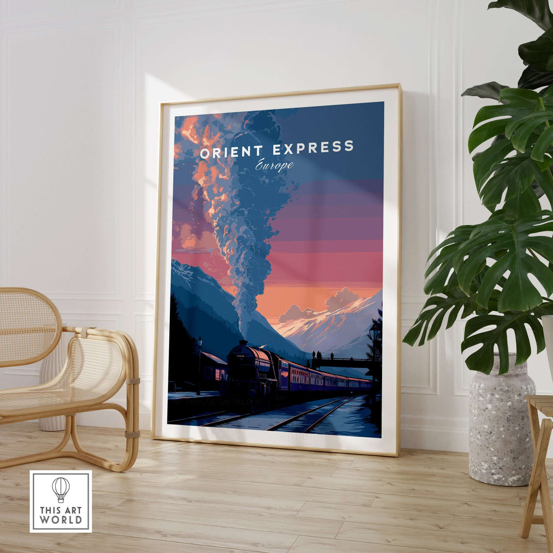 Orient Express Poster Luxury Rail Travel Poster showcasing a scenic train journey through Europe with vibrant colors.