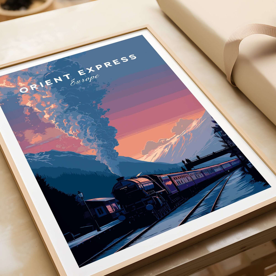 Orient Express Poster Luxury Rail Travel Poster featuring a vintage train in a scenic landscape.