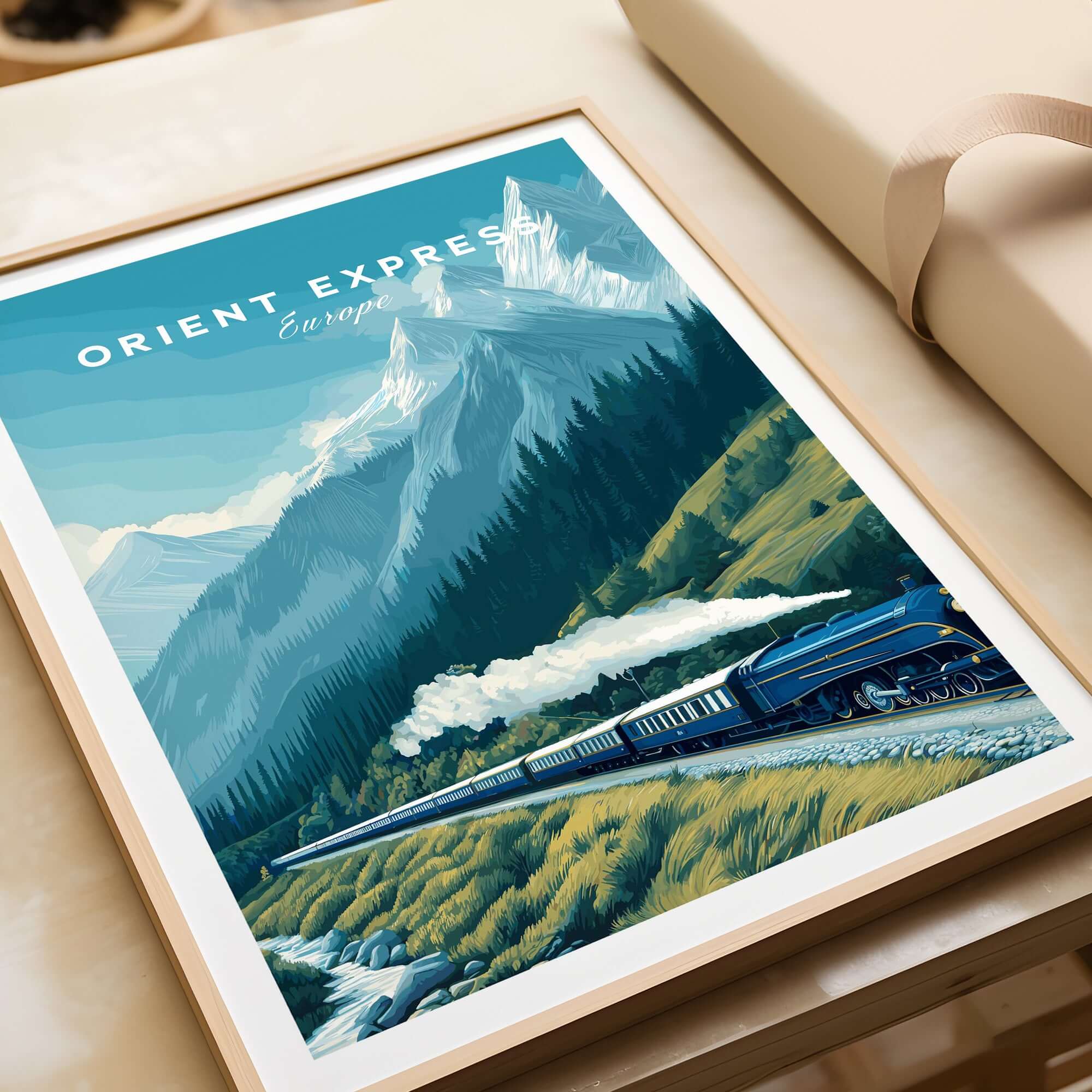 Orient Express Poster | Luxury Travel Wall Art featuring a vintage train against a mountain backdrop.