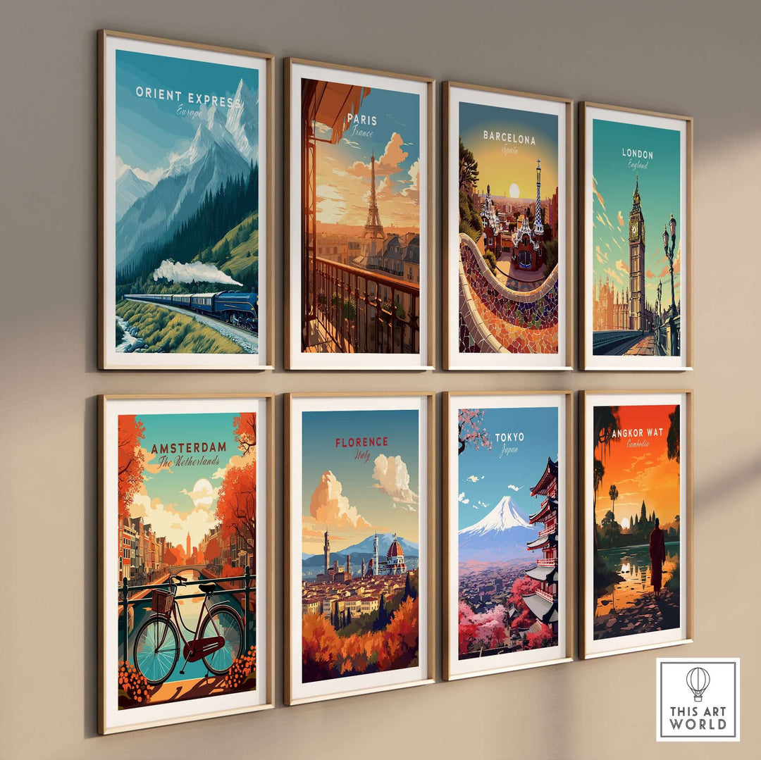 Orient Express Poster | Luxury Travel Wall Art featuring various iconic cityscape illustrations.