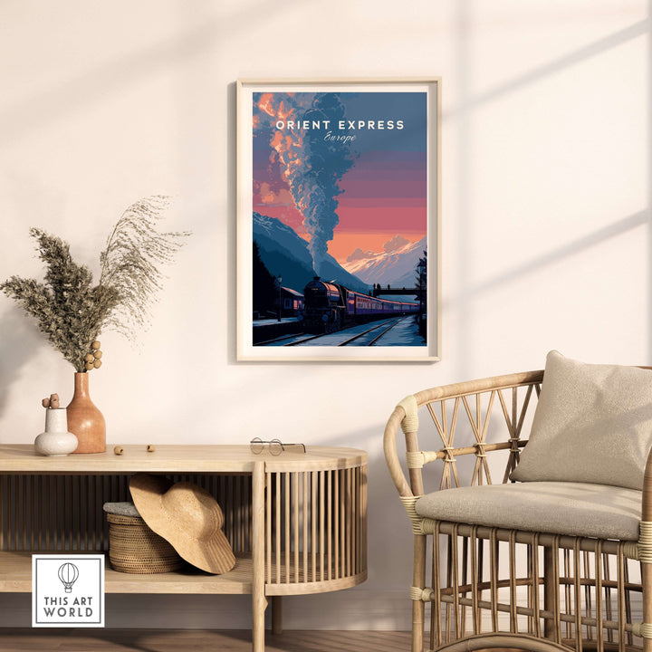 Orient Express Poster Luxury Rail Travel Poster displayed in a stylish living room featuring elegant design elements.