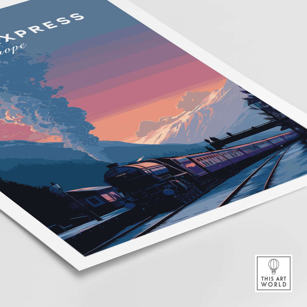 Orient Express Poster Luxury Rail Travel Poster showcasing a vintage train against a scenic mountain backdrop.