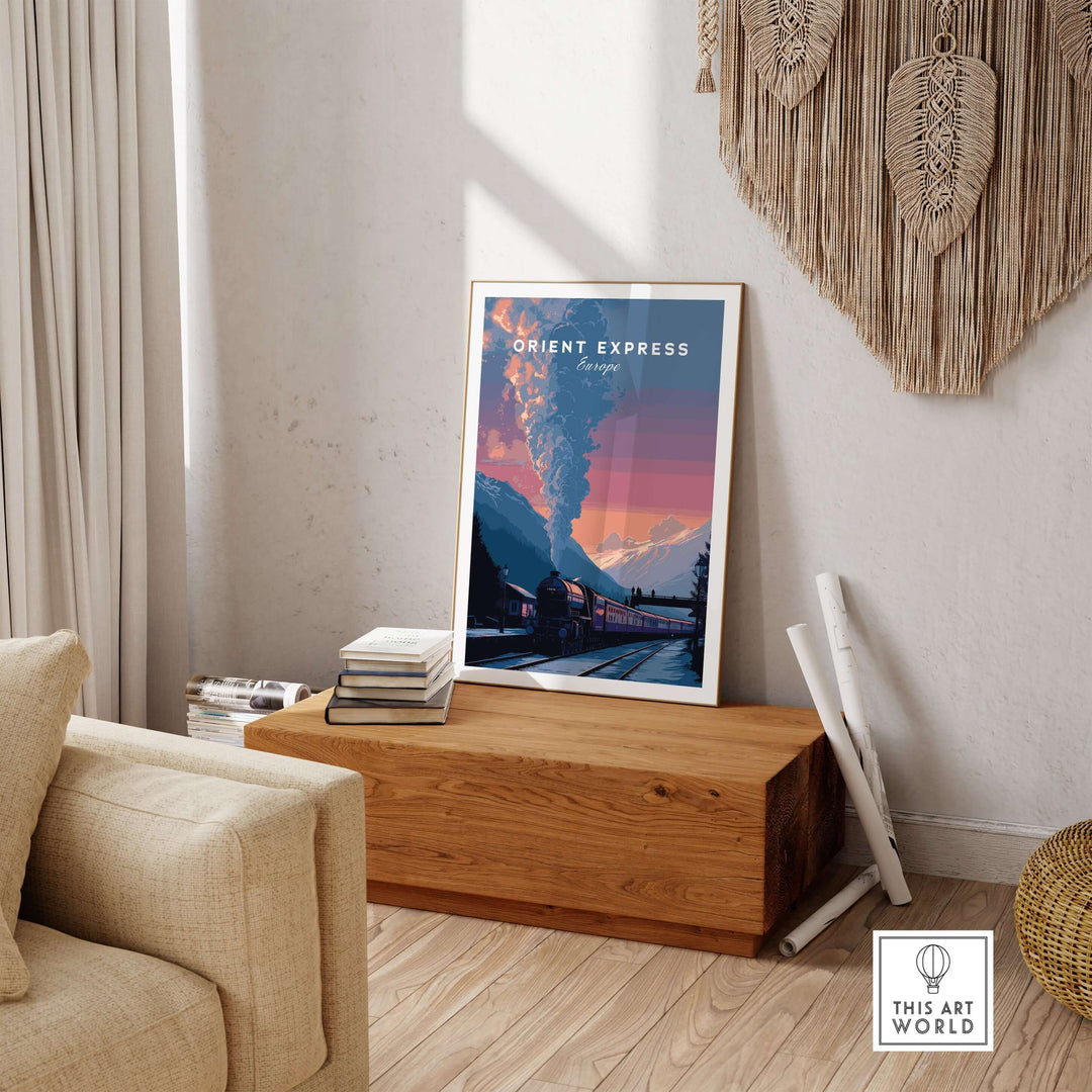 Orient Express Poster Luxury Rail Travel Poster displayed in a stylish living room setting.