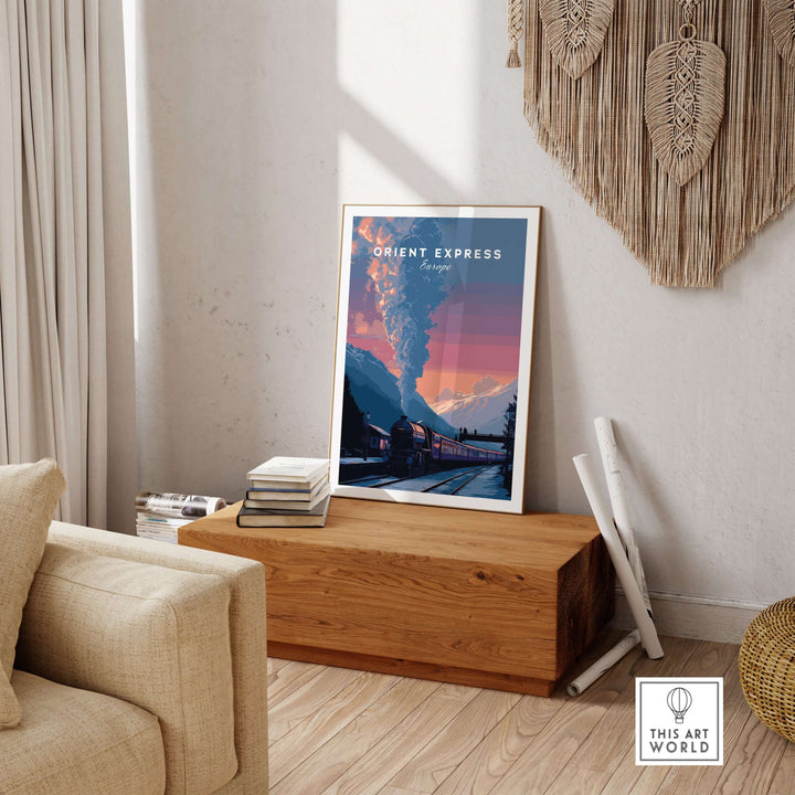 Orient Express Poster Luxury Rail Travel Poster displayed in a stylish living room setting.