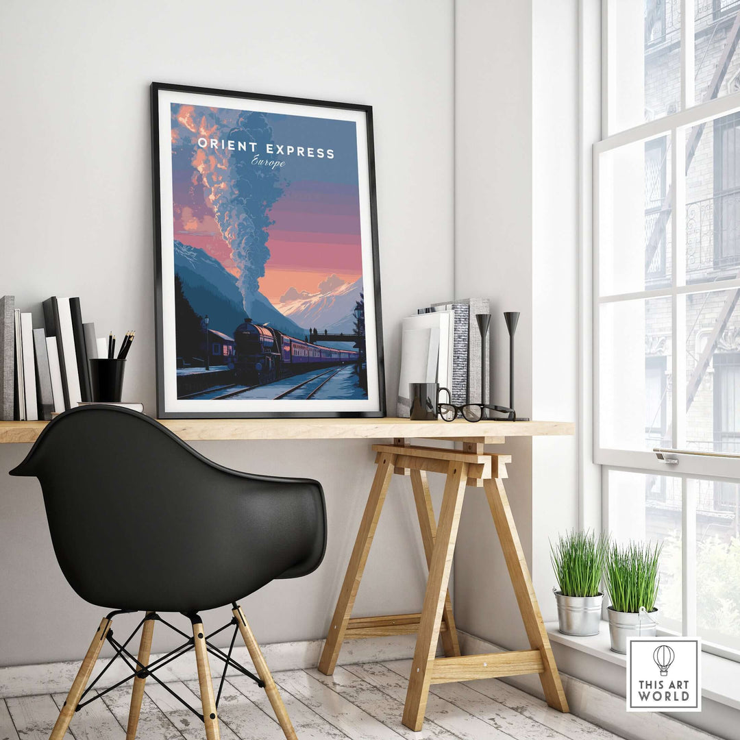 Orient Express Poster Luxury Rail Travel Poster displayed in a stylish workspace with elegant décor.