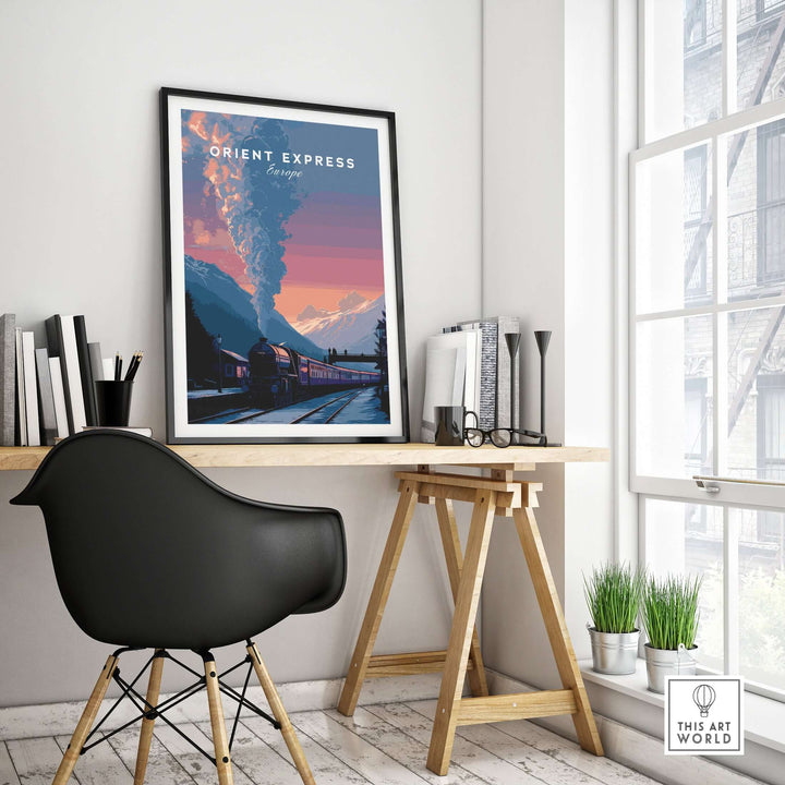 Orient Express Poster Luxury Rail Travel Poster displayed in a stylish workspace with elegant décor.