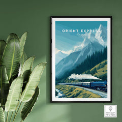 Orient Express Poster | Luxury Travel Wall Art featuring a vintage train through mountains and greenery.