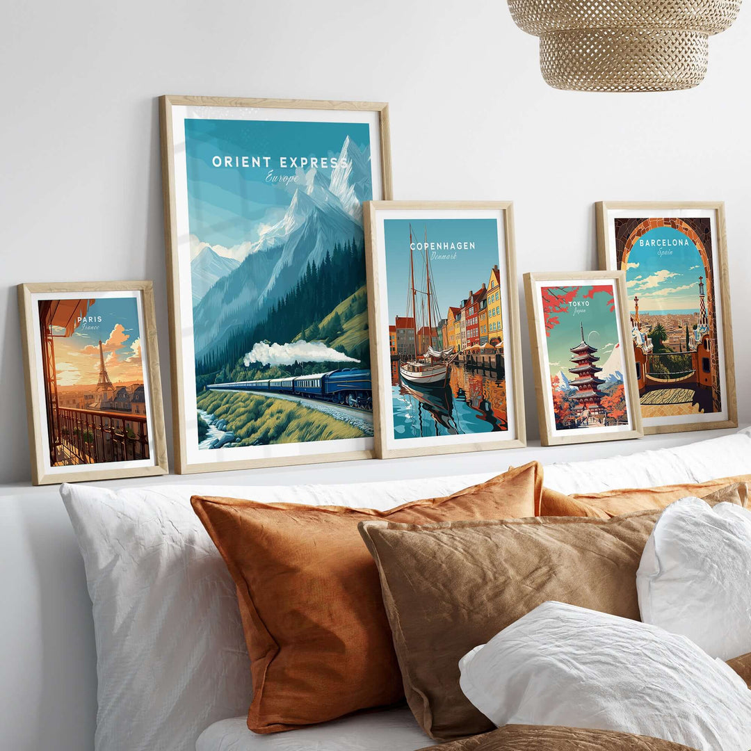 Orient Express Poster | Luxury Travel Wall Art displayed with other travel-themed posters in a stylish living room setting.