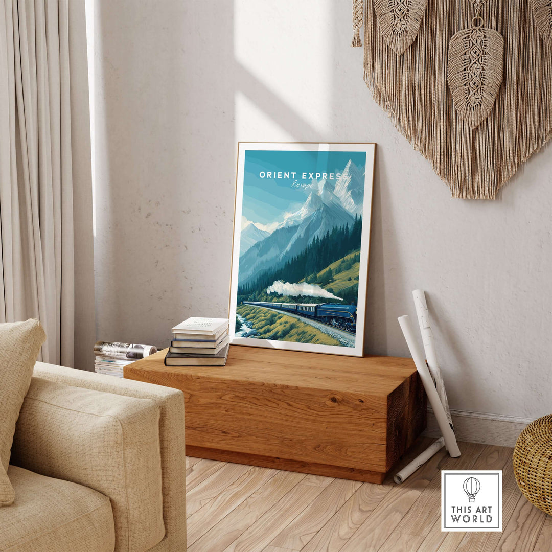 Orient Express Poster | Luxury Travel Wall Art displayed in a cozy interior, capturing the grandeur of luxury train travel.