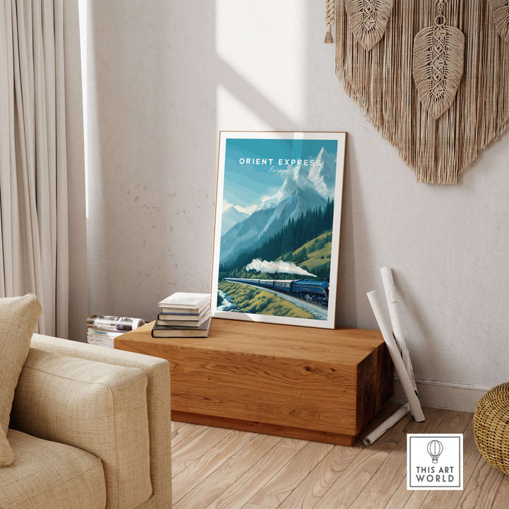 Orient Express Poster | Luxury Travel Wall Art displayed in a cozy interior, capturing the grandeur of luxury train travel.