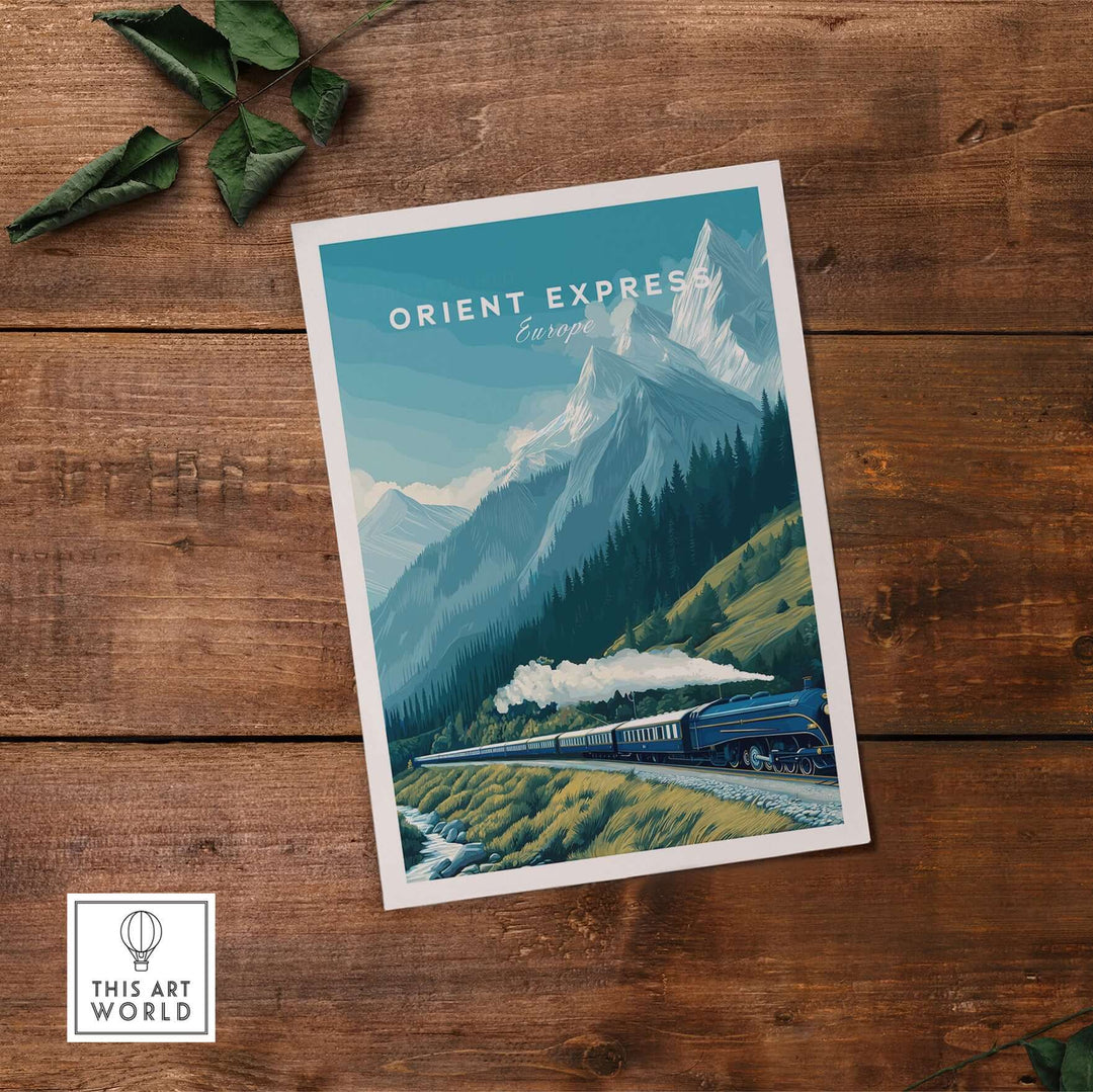 Orient Express Poster | Luxury Travel Wall Art showcasing a vintage train against a mountain backdrop, symbolizing elegance and adventure.