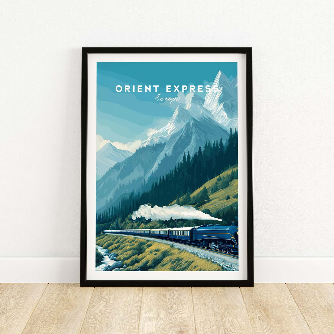 Orient Express Poster | Luxury Travel Wall Art featuring a scenic train journey through majestic mountains.