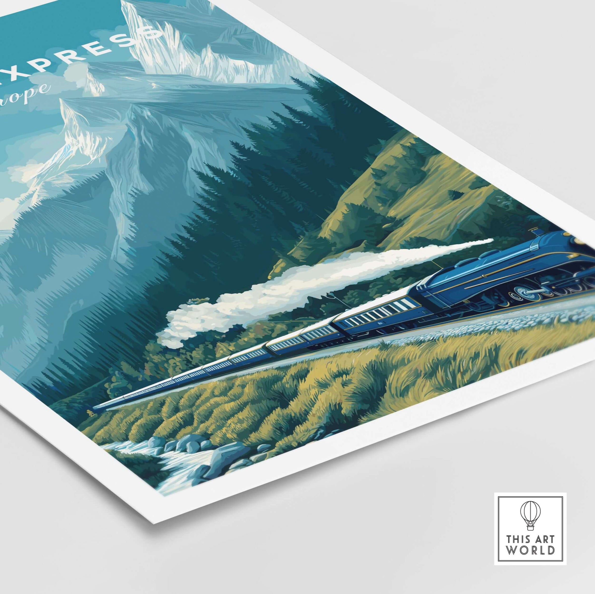 Orient Express Poster | Luxury Travel Wall Art featuring a vintage train against a mountainous backdrop.