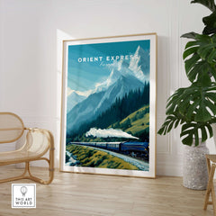 Orient Express Poster | Luxury Travel Wall Art showcasing a majestic train against a backdrop of mountains.