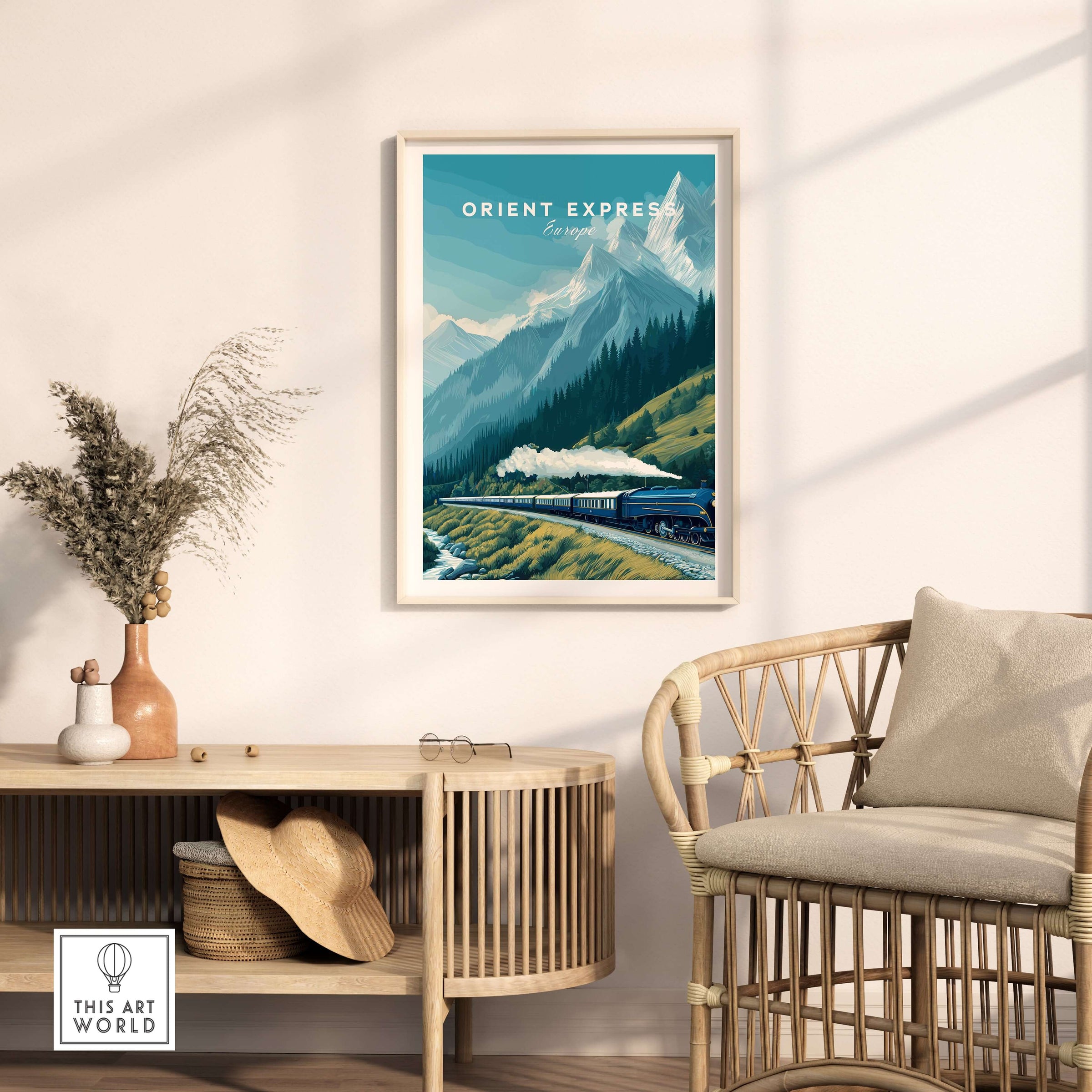 Orient Express Poster | Luxury Travel Wall Art featuring a scenic train journey through majestic mountains.