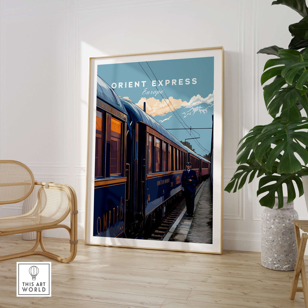 Orient Express Poster | Retro Rail Wall Art featuring a vintage train in a stylish interior setting.