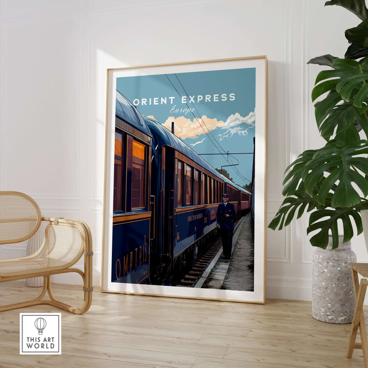 Orient Express Poster | Retro Rail Wall Art featuring a vintage train in a stylish interior setting.
