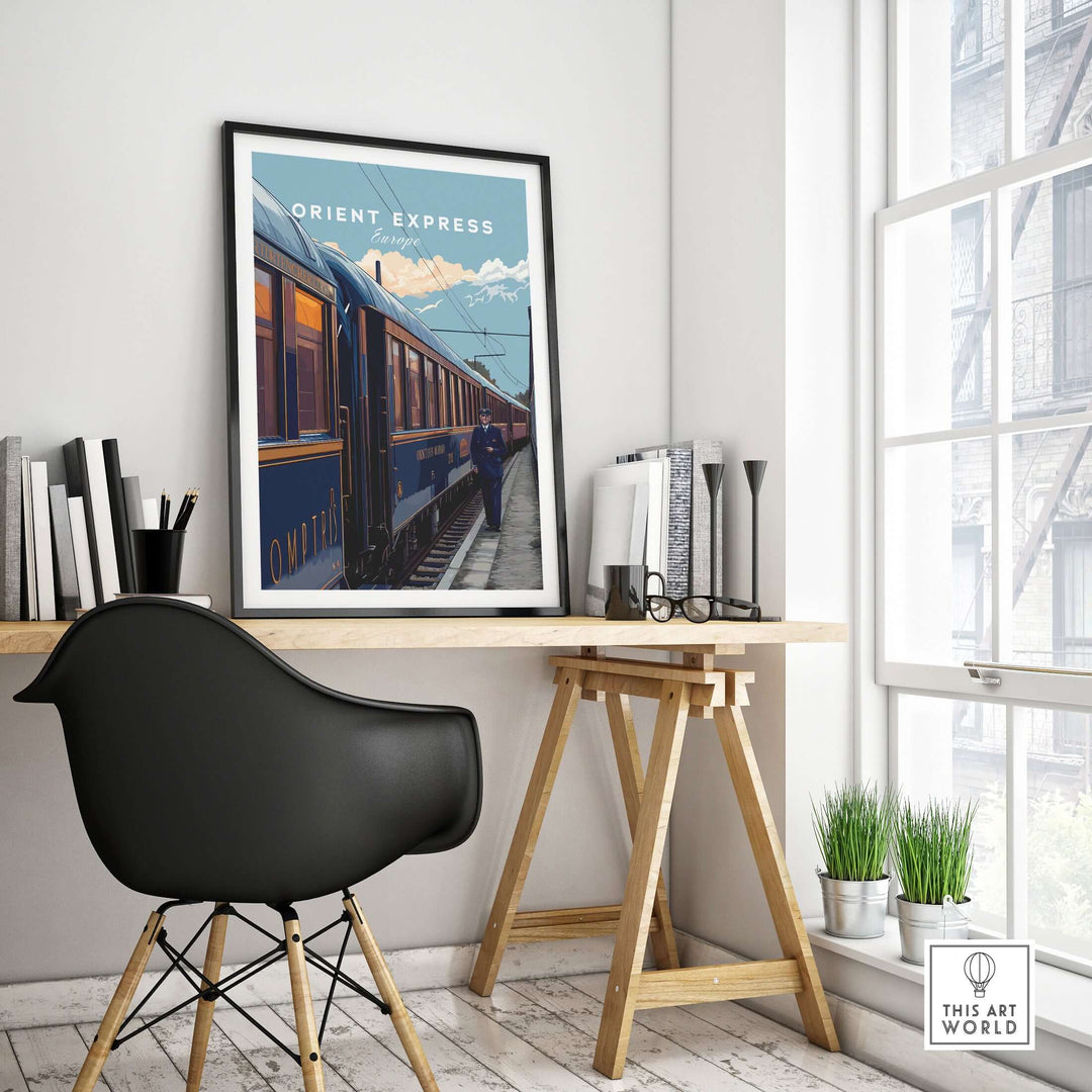 Orient Express Poster | Retro Rail Wall Art displayed in a stylish workspace with a modern chair and bookshelf.