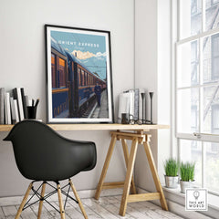 Orient Express Poster | Retro Rail Wall Art displayed in a stylish workspace with a modern chair.