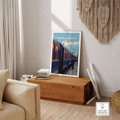 Orient Express Poster | Retro Rail Wall Art displayed in a cozy living room with vintage decor.